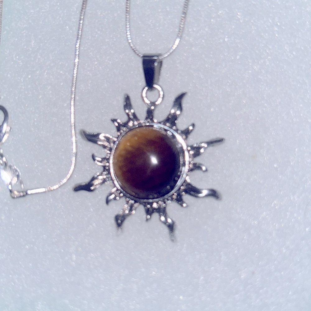 Boho hippie Tigers Eye Crystal Sun Sterling Silver Necklace 24”